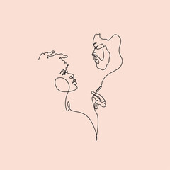 Couple in love looking at each other. One line drawing.