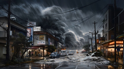 Apocalyptic view of the tsunami wave, flooding in the city during a storm - obrazy, fototapety, plakaty