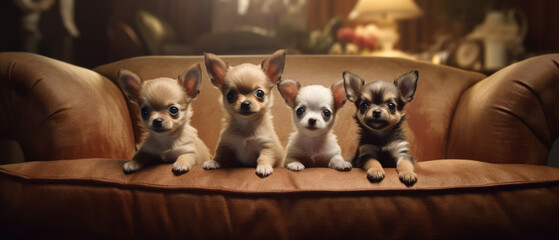 5 cute baby chihuahua on a couch. Created with Generative AI. - obrazy, fototapety, plakaty
