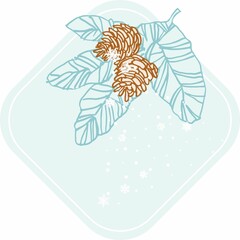 Merry Christmas and Happy New Year. Composition of winter plants with snowflakes against the background of a diamond-shaped frame. Digital illustration is suitable for creating cards, invitations