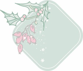 Merry Christmas and Happy New Year. Composition of winter plants with snowflakes against the background of a diamond-shaped frame. Digital illustration is suitable for creating cards, invitations