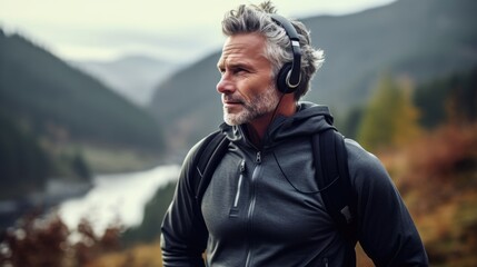 A middle-aged man is walking with headphones on and listening to music.