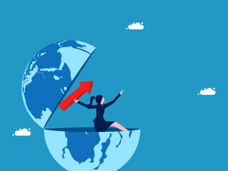 world economy is growing. Businesswoman throws red arrow out of the world. Vector