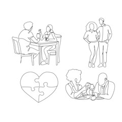 One line drawing. A man and a woman have lunch in a restaurant.
Fashionable couple style.