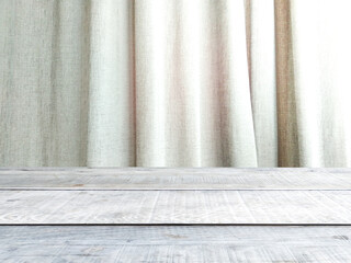 Wooden table, gray curtain backdrop  Empty space for displaying your products