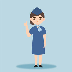 Stewardess. Woman hostess professional blue uniform of boarding airplane girl vector cartoon characters. Stewardess and hostess attendant illustration cartoon character