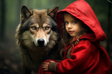 little red riding hood: little girl in a red cape with a wolf in the forest