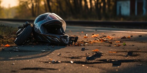 motorcycle helmet on the road, road accident concept. Generative AI - obrazy, fototapety, plakaty