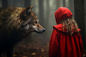little red riding hood: little girl in a red cape with a wolf in the forest - obrazy, fototapety, plakaty