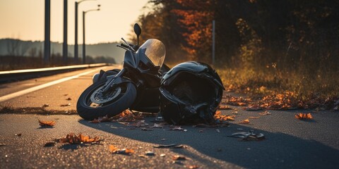 Photo of helmet and motorcycle on road, concept of road accidents. Generative AI