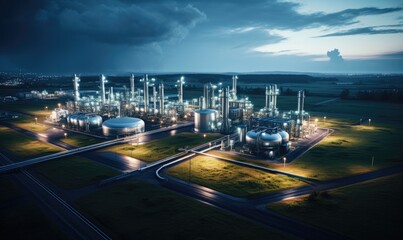 Modern industrial plant. Big oil tanks in refinery base. Storage of chemical products like oil, petrol, gas. Aerial view of petrol industrial zone at night.