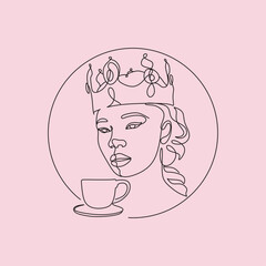 Coffee Continuous one line drawing. Woman qween of beans relaxing with cup of tea. Vector illustration