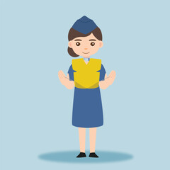 Stewardess. Woman hostess professional blue uniform of boarding airplane girl vector cartoon characters. Stewardess and hostess attendant illustration cartoon character