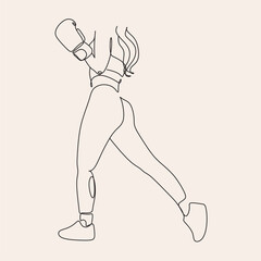 Line art abstract beautiful woman in boxing gloves. Kickboxing woman in gym