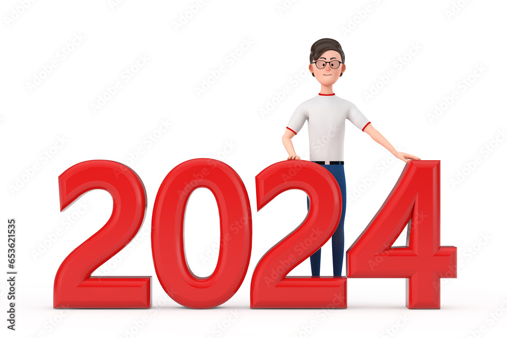 Aufkleber cartoon character person man with red 2024 new year sign. 3d rendering