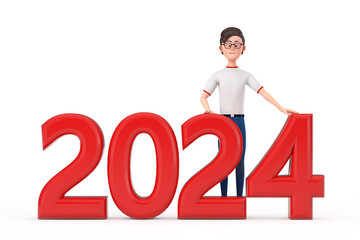 Cartoon Character Person Man with Red 2024 New Year Sign. 3d Rendering