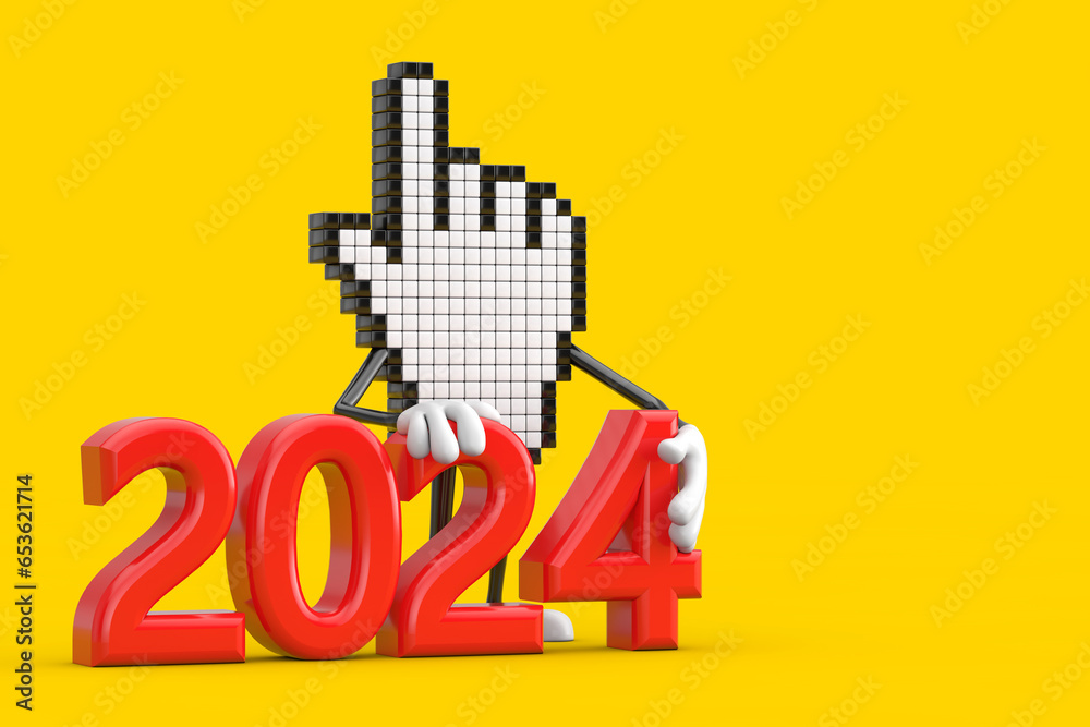 Leinwandbilder pixel hand cursor mascot person character with 2024 new year sign. 3d rendering