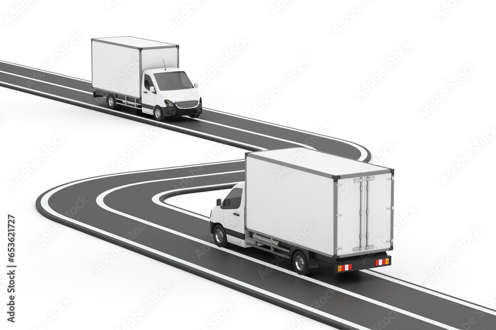 Poster two cargo van minibuses moving on winding asphalt road. 3d rendering