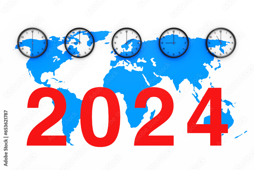 Poster Set of Clocks with Different World Time, Blue World Map and New 2024 Year Sign. 3d Rendering