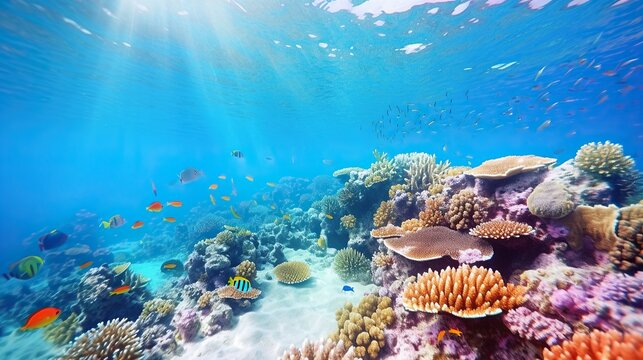 Underwater world, Underwater views, coral reefs and fish. Generative AI