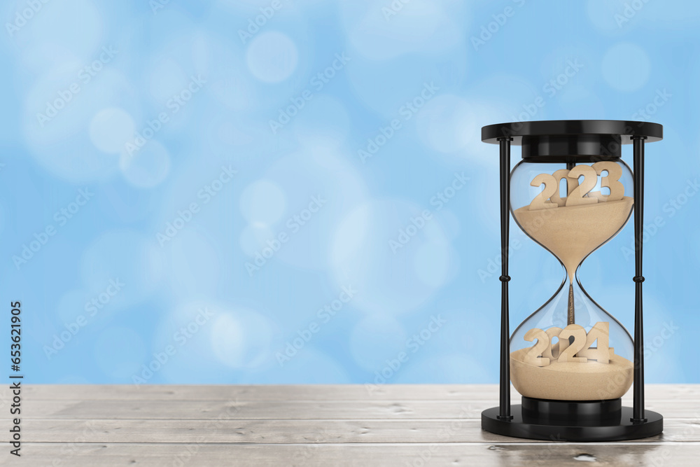 Aufkleber new 2024 year concept. sand falling in hourglass taking the shape from 2023 to 2024 year. 3d renderi