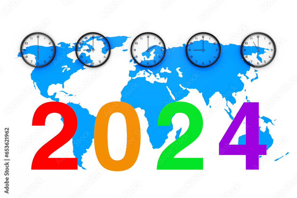 Poster Set of Clocks with Different World Time, Blue World Map and New 2024 Year Sign. 3d Rendering