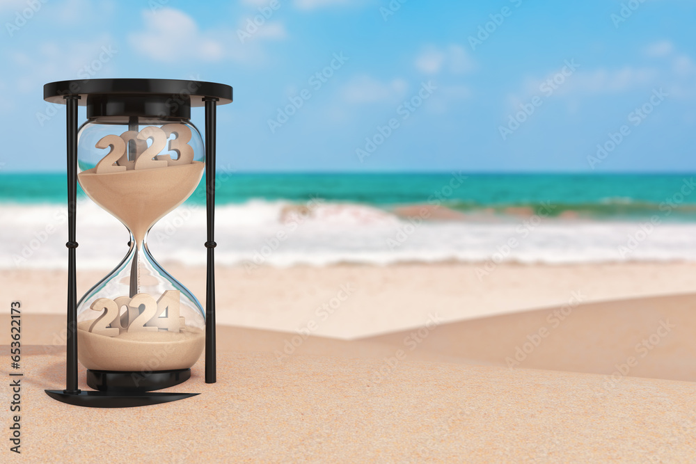 Aufkleber 2024 New Year Vacation Concept.  Sand Falling in Hourglass Taking the Shape from 2023 to 2024 year on an Ocean Deserted Coast. 3d Rendering
