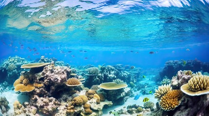 Underwater world, Underwater views, coral reefs and fish. Generative AI