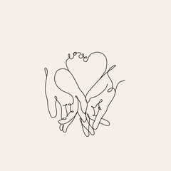 Two hands one line love logo illustration. Minimalist romantic poster print. Heart idea
