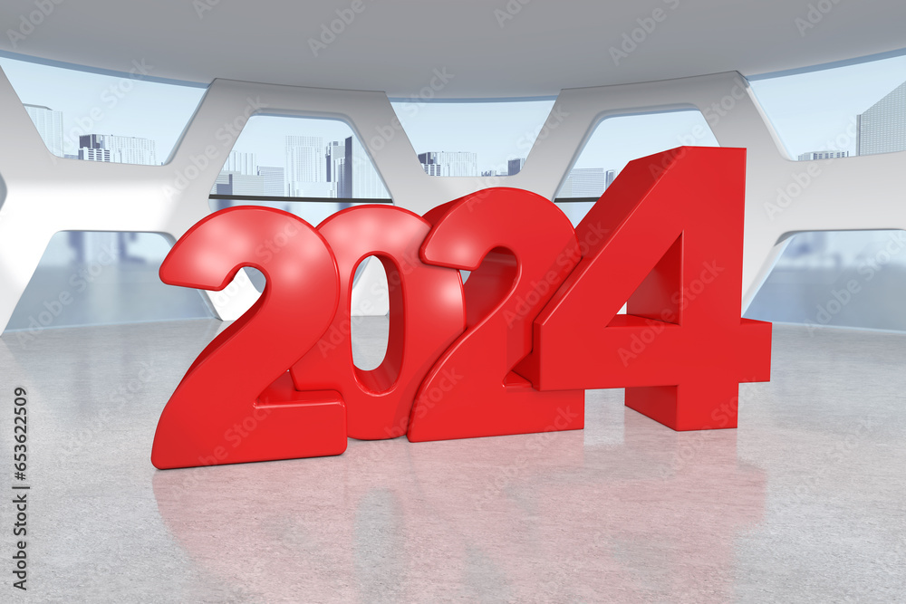 Aufkleber red new 2024 year sign in abstract bright office meeting room. 3d rendering
