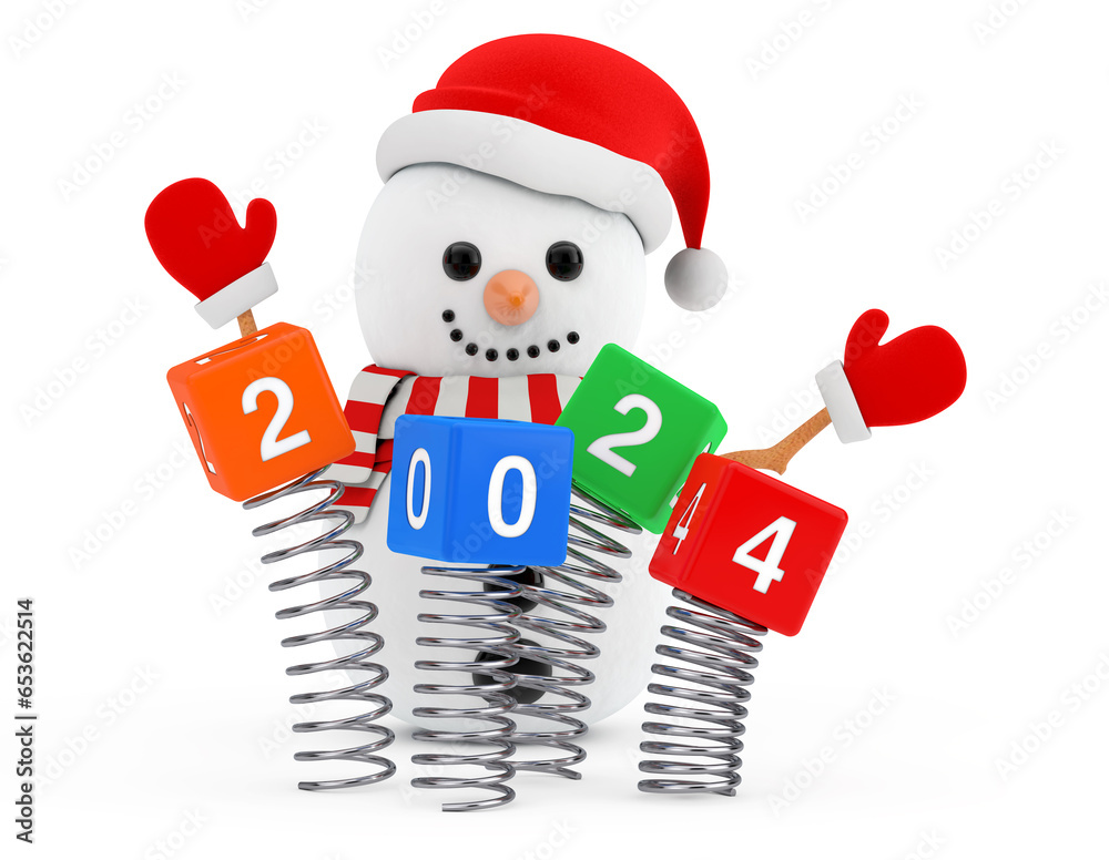 Aufkleber new year concept. snowman near christmas spring cubes with 2024 new year sign. 3d rendering