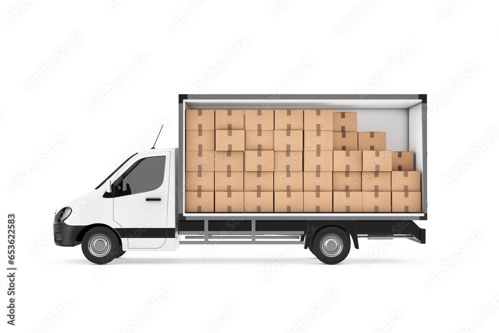 Poster stack of many cardboard boxes parcels in freight compartment of cargo van minibus. 3d rendering