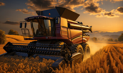 Combine harvester harvesting golden ripe wheat in field at sunset. Agriculture concept. Seasonal work of farming machine. Big modern industrial combine harvester reaping wheat grains.