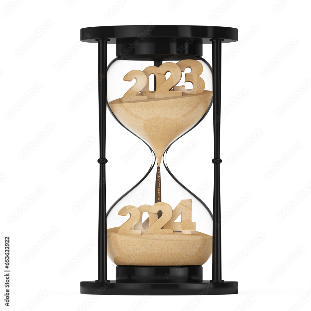 Aufkleber New 2024 Year Concept. Sand Falling in Hourglass Taking the Shape from 2023 to 2024 year. 3d Rendering