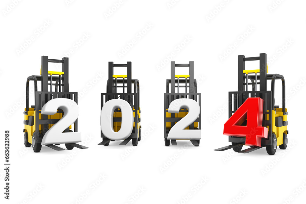 Poster forklift trucks with 2024 new year sign. 3d rendering
