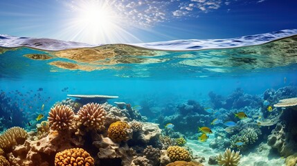 Naklejka na ściany i meble Underwater world, Underwater views, coral reefs and fish. Generative AI