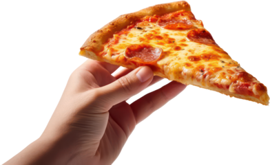 Hand holding delicious slice of pepperoni, cheese, salami, PNG, Transparent, isolate.