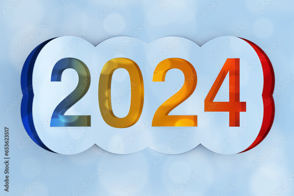 Aufkleber 2024 happy new year sign cut from paper. 3d rendering