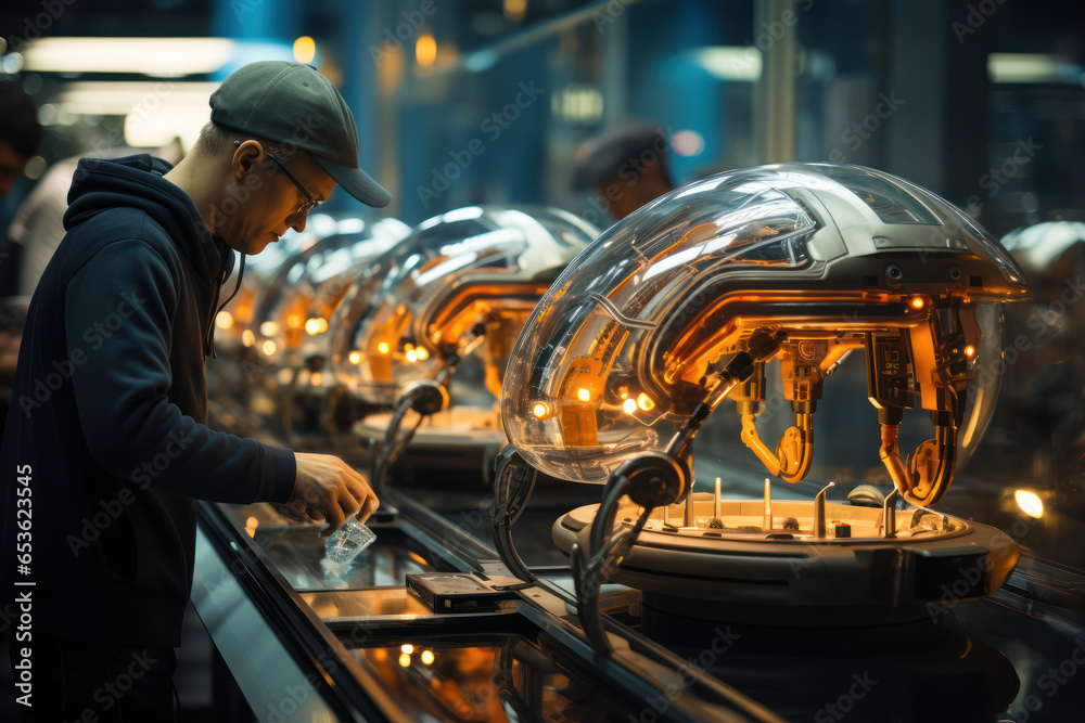 Poster a futuristic automated assembly line with robots efficiently manufacturing products. generative ai.