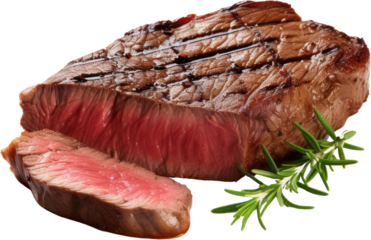 Delicious Tasty sliced grill beef steak, Juicy medium, rosemary, Herb, PNG, Transparent, isolate.