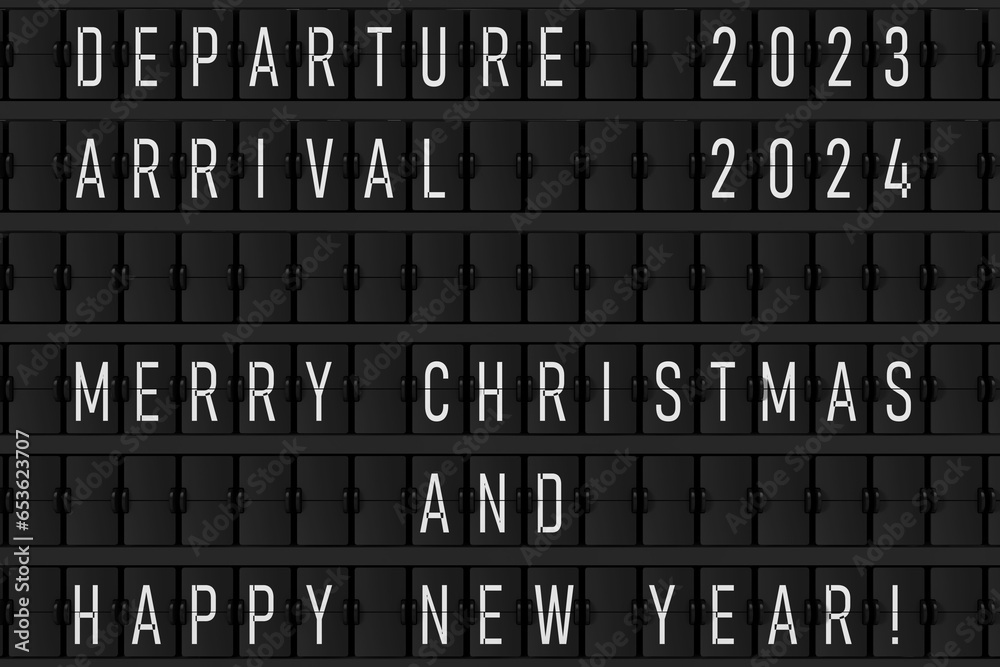 Poster Airport Announcement Flip Mechanical Timetable with Hapy Merry Christmas and Happy New 2024 Year Sign. 3d Rendering