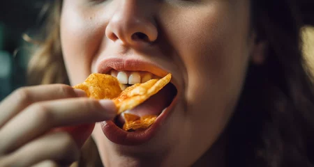Foto op Canvas Person eating delicious potato chips. Close up of mouth eat potato chips. Chips with teeth. Tasty delicious fast food. Eating crisps. Fast food close-up unhealthy snack © annebel146