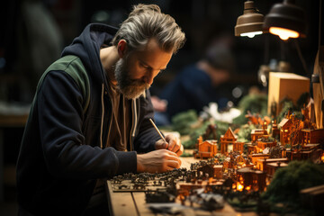 A group of skilled craftsmen meticulously crafting handmade products in a workshop. Generative Ai.