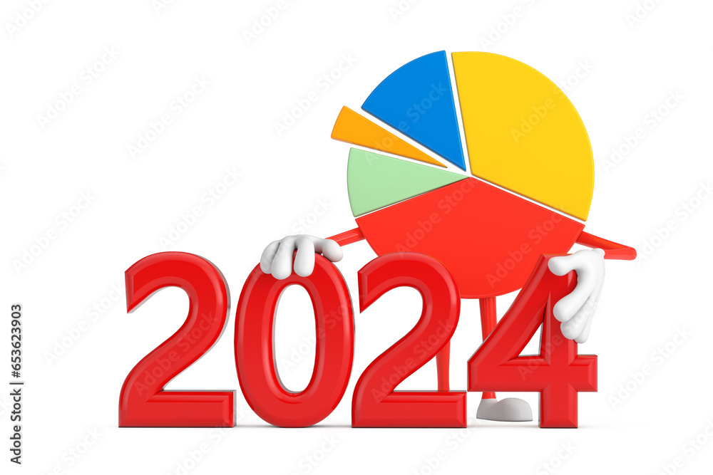 Poster Info Graphics Business Pie Chart Character Person with Red 2024 New Year Sign. 3d Rendering