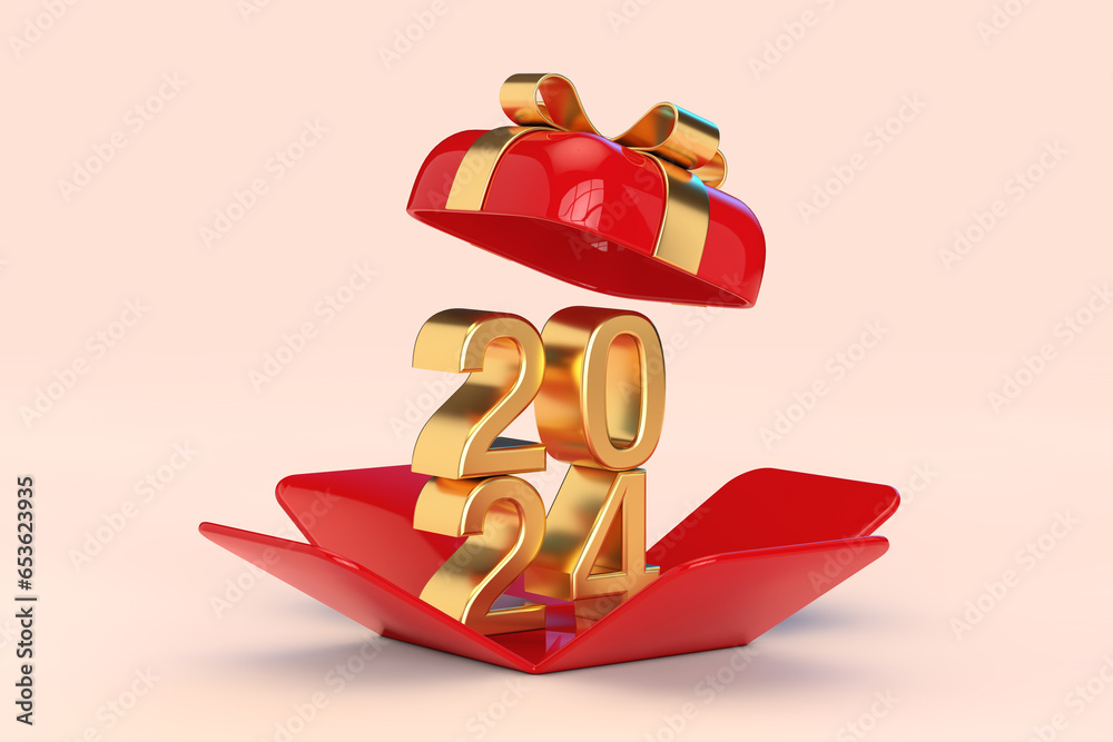 Poster Golden 2024 New Year Xmas Sign in Opened Red Gift Box with Golden Ribbon. 3d Rendering