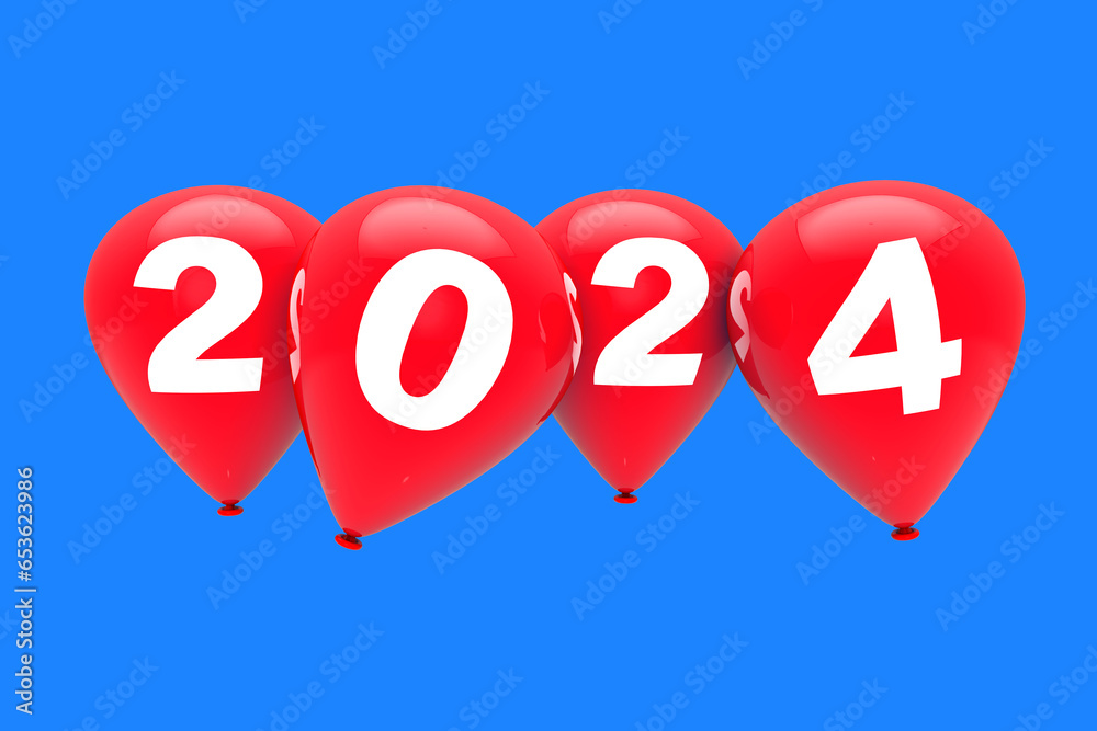 Poster new year concept. red christmas balloons with 2024 sign. 3d rendering