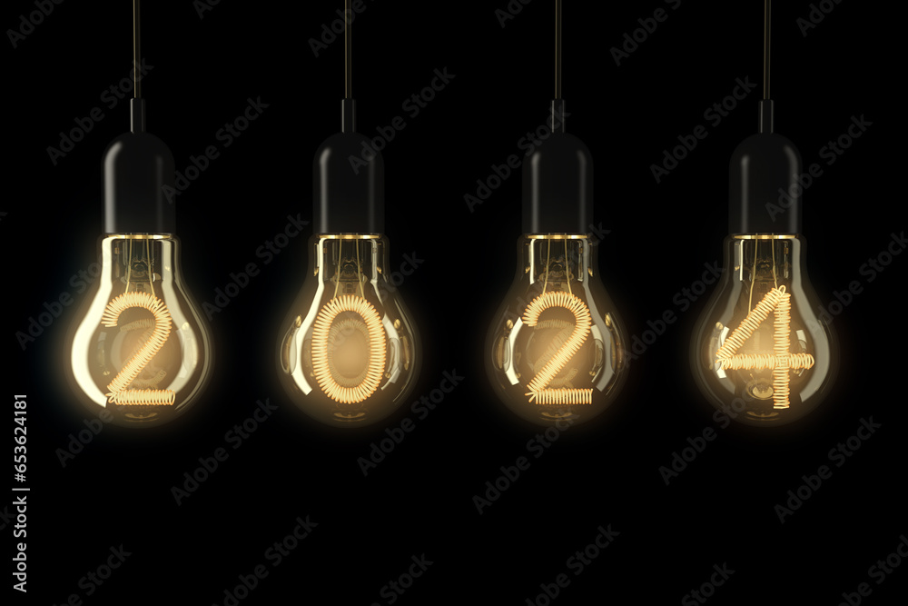 Poster light bulbs illuminated 2024 new year. 3d rendering