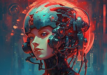 Beautiful robot woman in futuristic cyberpunk style.