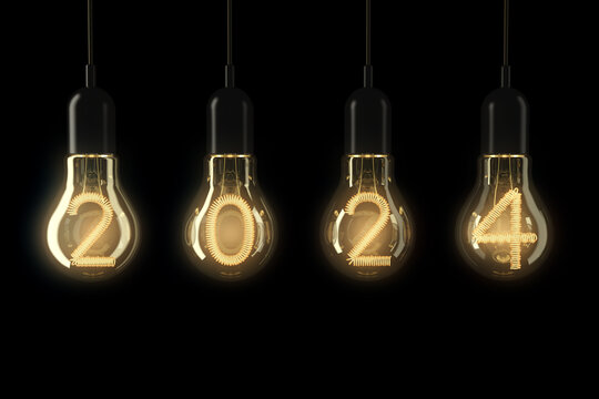 Light Bulbs Illuminated 2024 New Year. 3d Rendering
