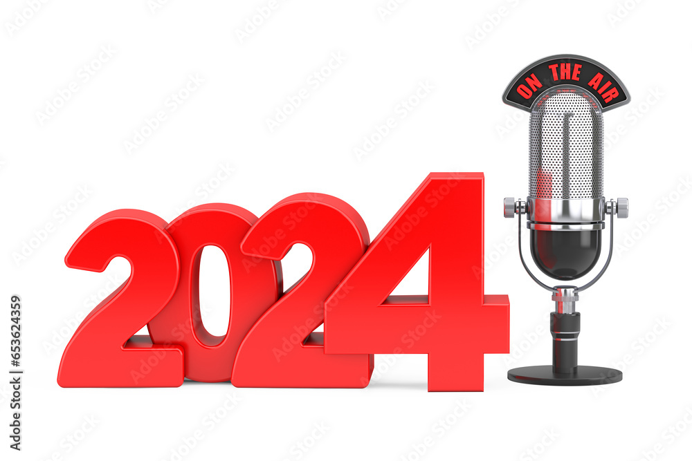 Aufkleber 2024 New Year Concept. Red 2024 New Year Sign with Microphone and On The Air Sign. 3d Rendering
